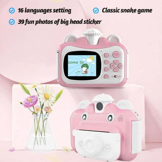 Instant Print Cameras Kids Camera 2.4 Inch Screen 1080P Video Recording Zero Ink 180° Rotation Lens with Print Paper for Children Kids