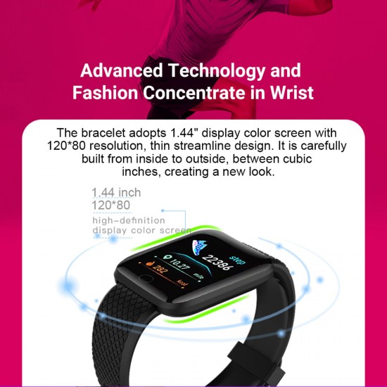 116plus Smart Sports Bracelet Sports Watch 1.44'' TFT Single-touch Screen Multilingual Display Custom Dial Fitness/Health Monitor Long Standby IP67 Waterproof Compatible with Android iOS
