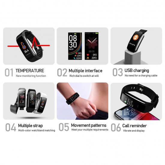 C6T Body Temperature Bracelet Watch Smart Sports Bracelet IP67 Information Push Sleep Exercise Step Waterproof Sports Smart Bracelet Blood Pressure Monitoring