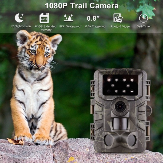 Wildlife Trial Camera FHD1080P 2-inch Screen 0.8s Triggering IR Night Vision Timelapse Timer Function IP54 Waterproof 64GB Extended Memory with 1/4 Interface