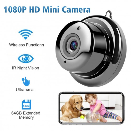 1080P WiFi Mini Camera Video Cam Camcorder 150° Wide Angle IR Night Vision Motion Detection 64GB Extended Memory