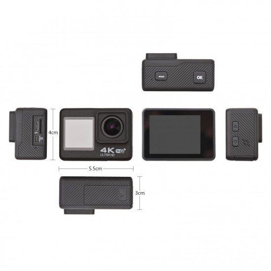 4K60FPS Ultra High Definition WiFi Action Camera Dual Screen 170° Wide Angle 30 Meters Waterproof with Remote Control 1 Li-ion Battery Mounting Accessories Kit Black
